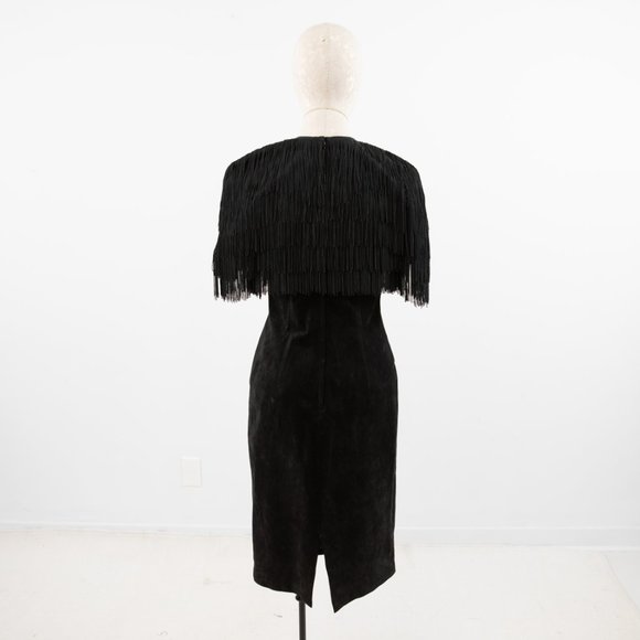 Vintage S/M Fringe Suede Leather Dress Black Midi - Picture 7 of 12
